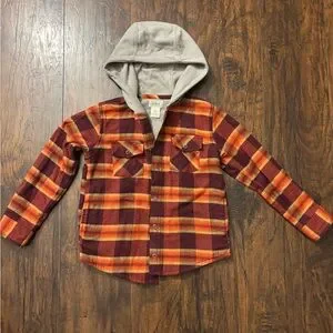 L.L. Bean Kids Plaid Button Hoodie - Red and Orange